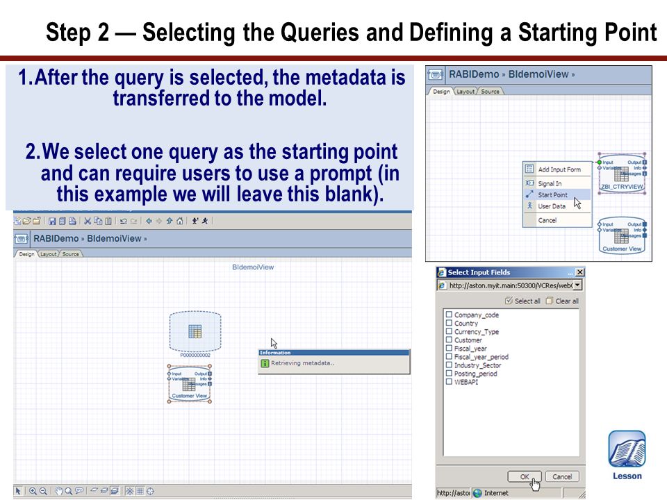 Step 2 — Selecting the Queries and Defining a Starting Point 1.After the query is selected, the metadata is transferred to the model.