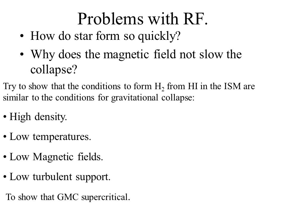 Problems with RF. How do star form so quickly. Why does the magnetic field not slow the collapse.