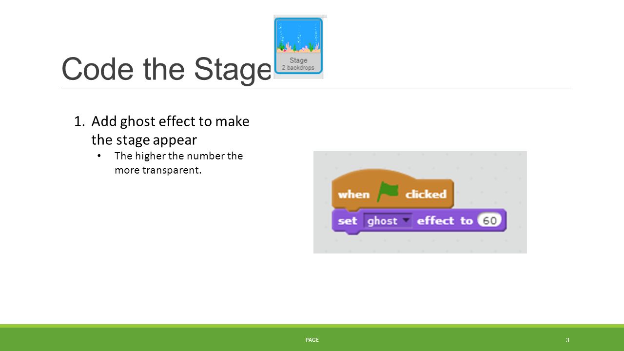Code the Stage 1.Add ghost effect to make the stage appear The higher the number the more transparent.