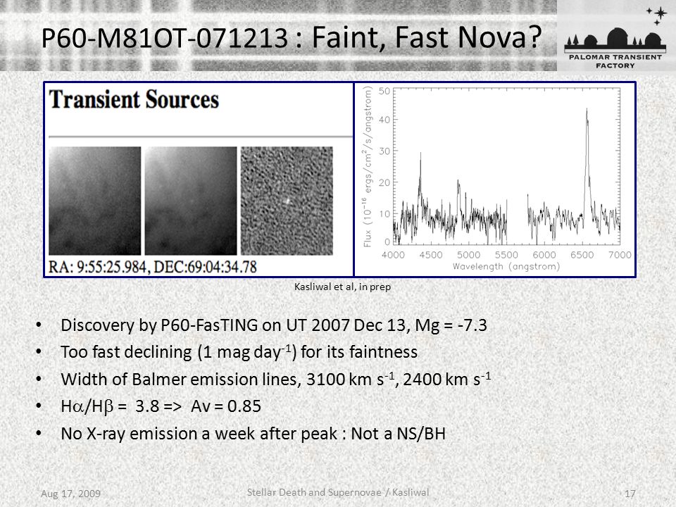 Aug 17, 2009 Stellar Death and Supernovae / Kasliwal 17 P60-M81OT : Faint, Fast Nova.