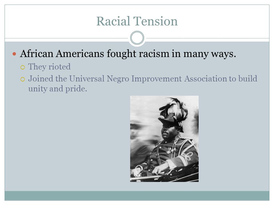 Racial Tension African Americans fought racism in many ways.