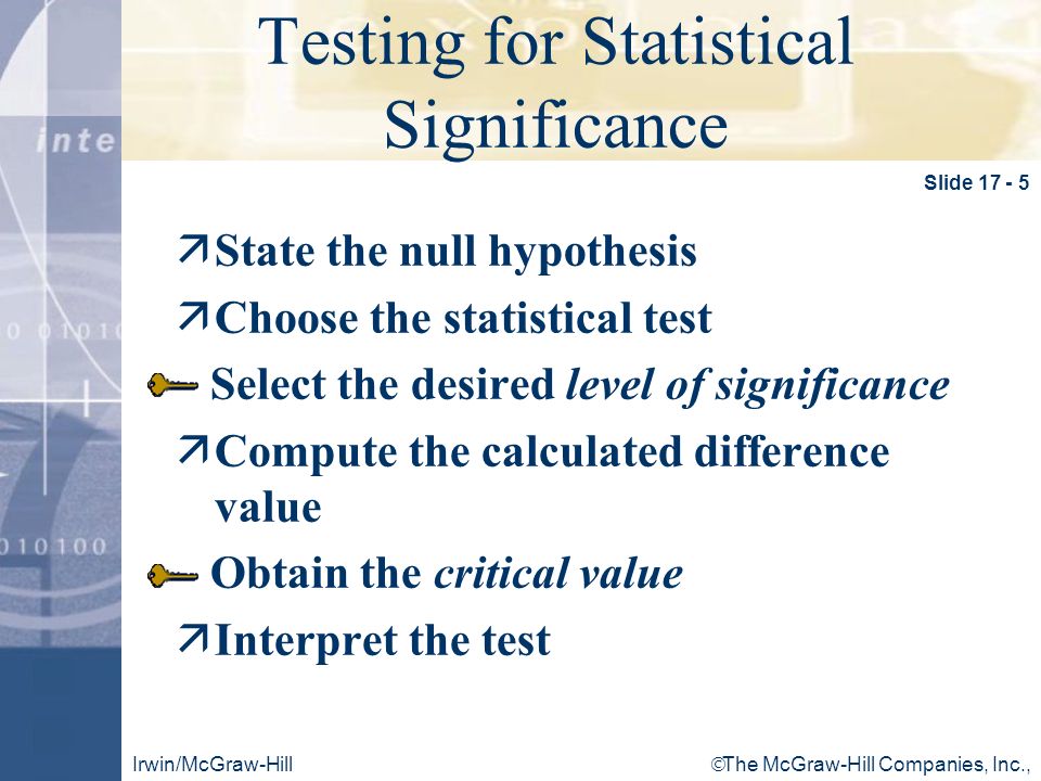  The McGraw-Hill Companies, Inc., 2001 Irwin/McGraw-Hill Click to edit Master title style Testing for Statistical Significance äState the null hypothesis äChoose the statistical test Select the desired level of significance äCompute the calculated difference value Obtain the critical value äInterpret the test Slide