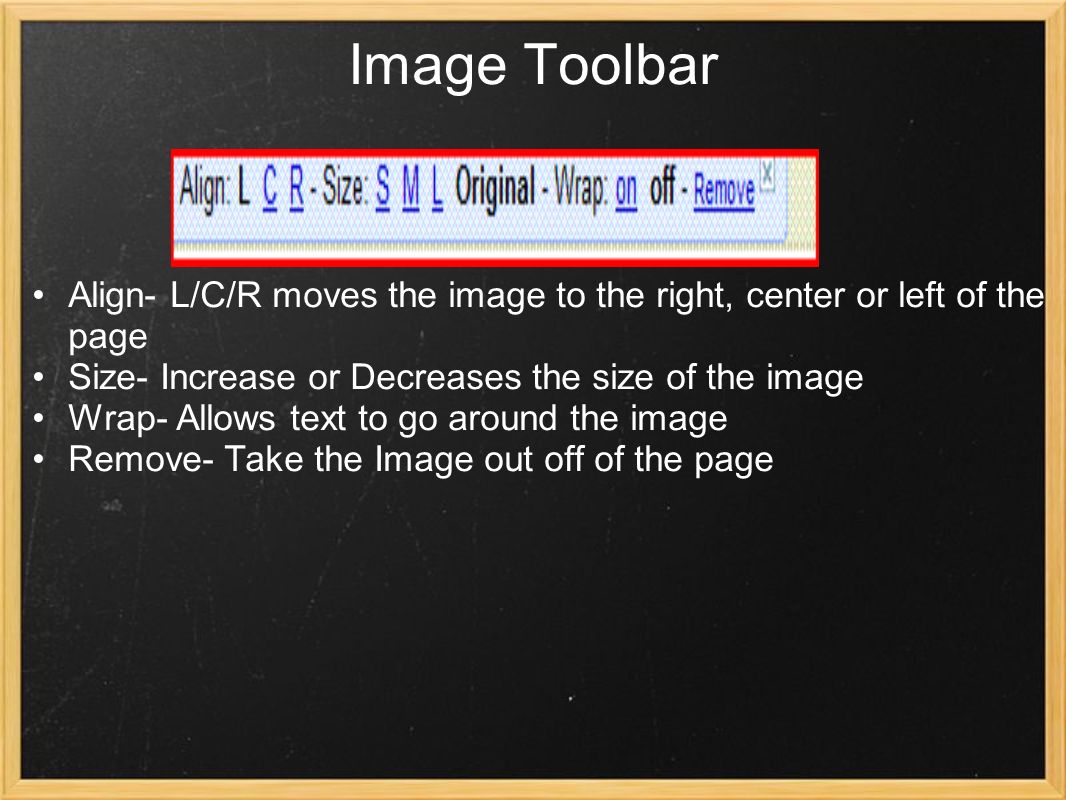 Image Toolbar Align- L/C/R moves the image to the right, center or left of the page Size- Increase or Decreases the size of the image Wrap- Allows text to go around the image Remove- Take the Image out off of the page