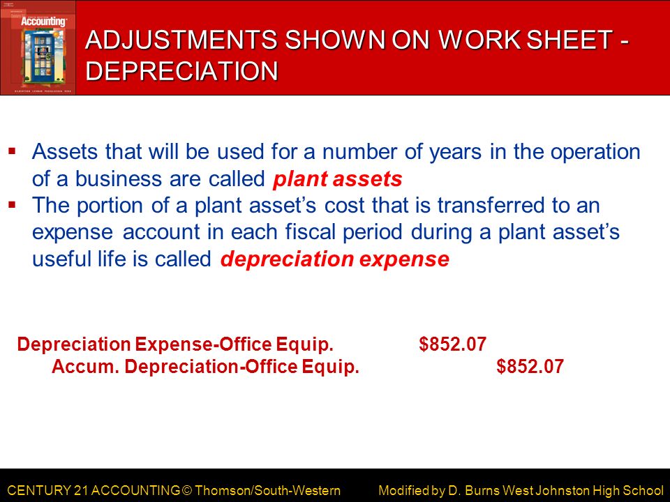 CENTURY 21 ACCOUNTING © Thomson/South-Western ADJUSTMENTS SHOWN ON WORK SHEET - DEPRECIATION Modified by D.