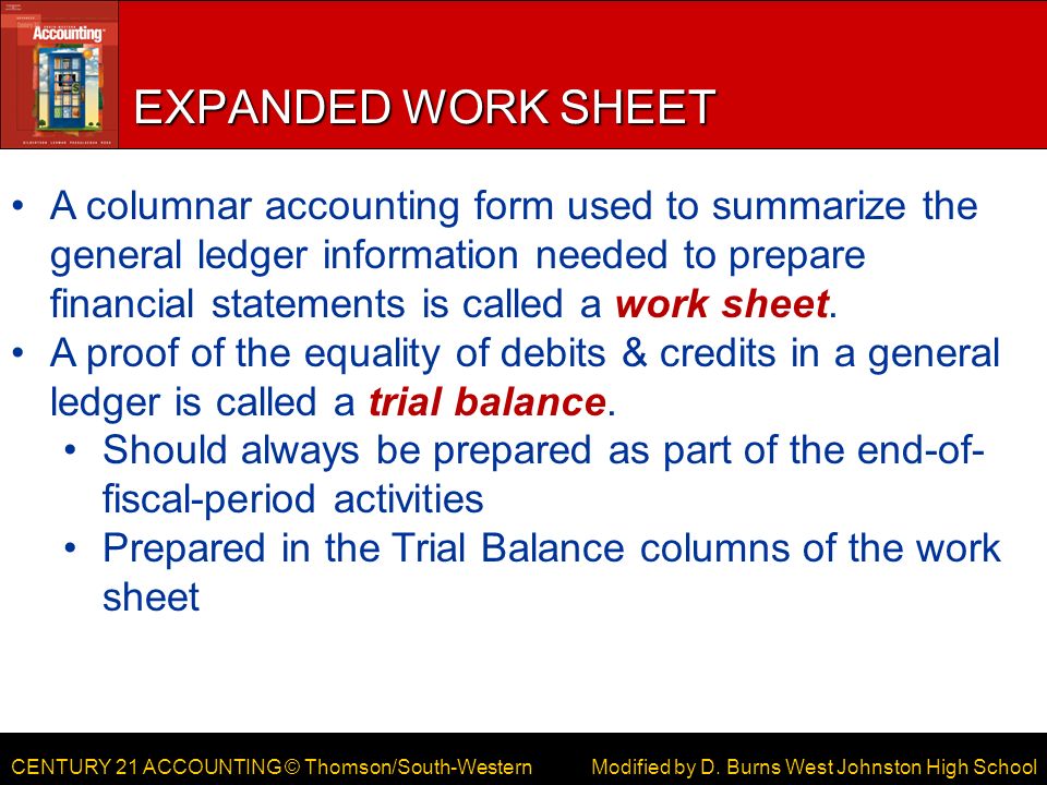 CENTURY 21 ACCOUNTING © Thomson/South-Western EXPANDED WORK SHEET Modified by D.