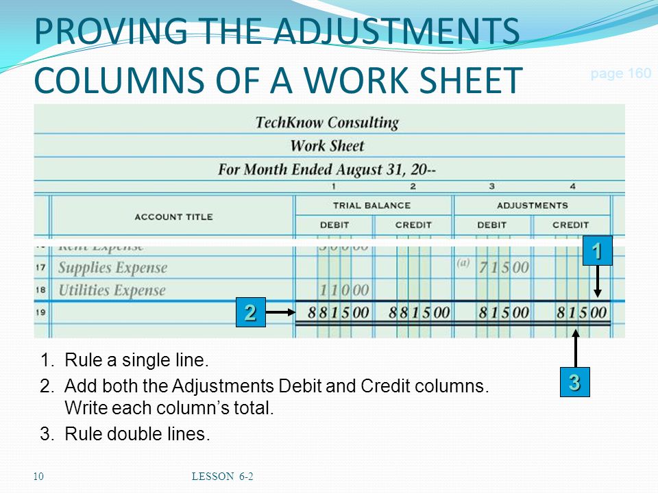 10LESSON 6-2 PROVING THE ADJUSTMENTS COLUMNS OF A WORK SHEET page Rule double lines.