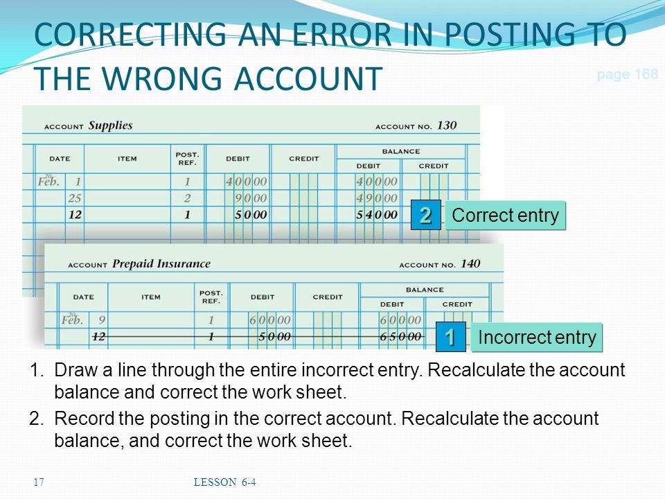 17LESSON 6-4 CORRECTING AN ERROR IN POSTING TO THE WRONG ACCOUNT page Draw a line through the entire incorrect entry.