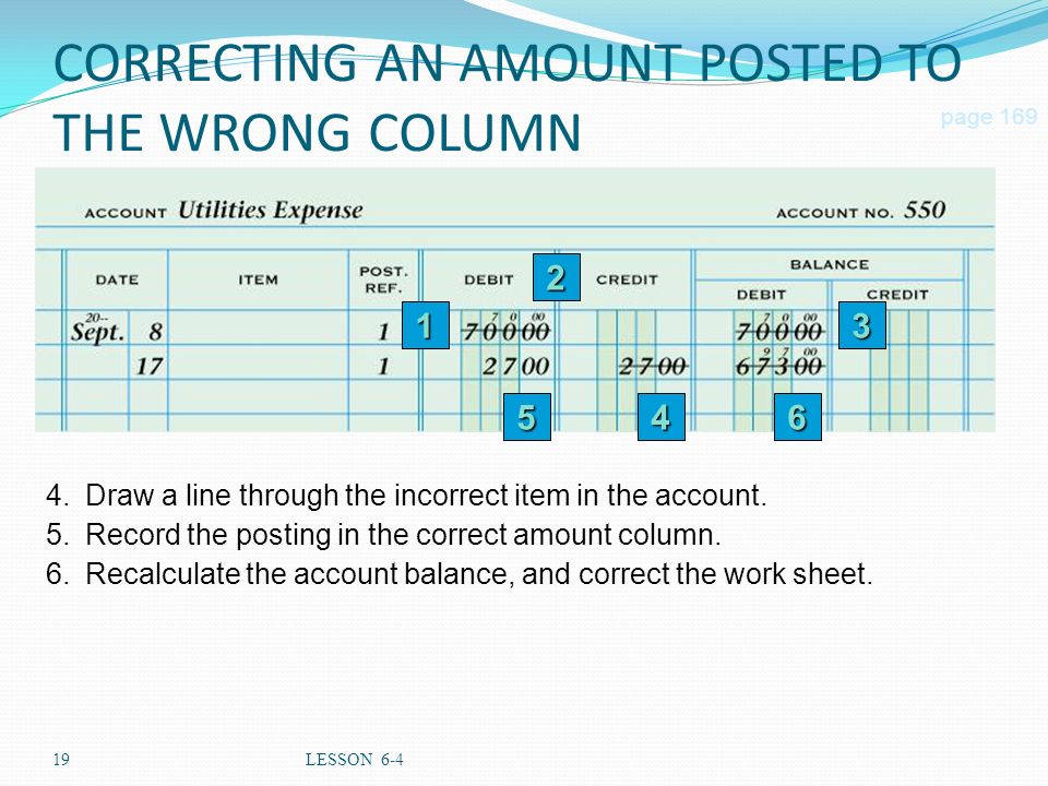 19LESSON CORRECTING AN AMOUNT POSTED TO THE WRONG COLUMN 546 page Recalculate the account balance, and correct the work sheet.