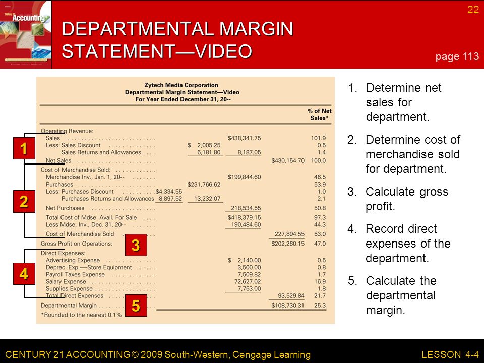 CENTURY 21 ACCOUNTING © 2009 South-Western, Cengage Learning 22 LESSON 4-4 DEPARTMENTAL MARGIN STATEMENT—VIDEO page Determine net sales for department.