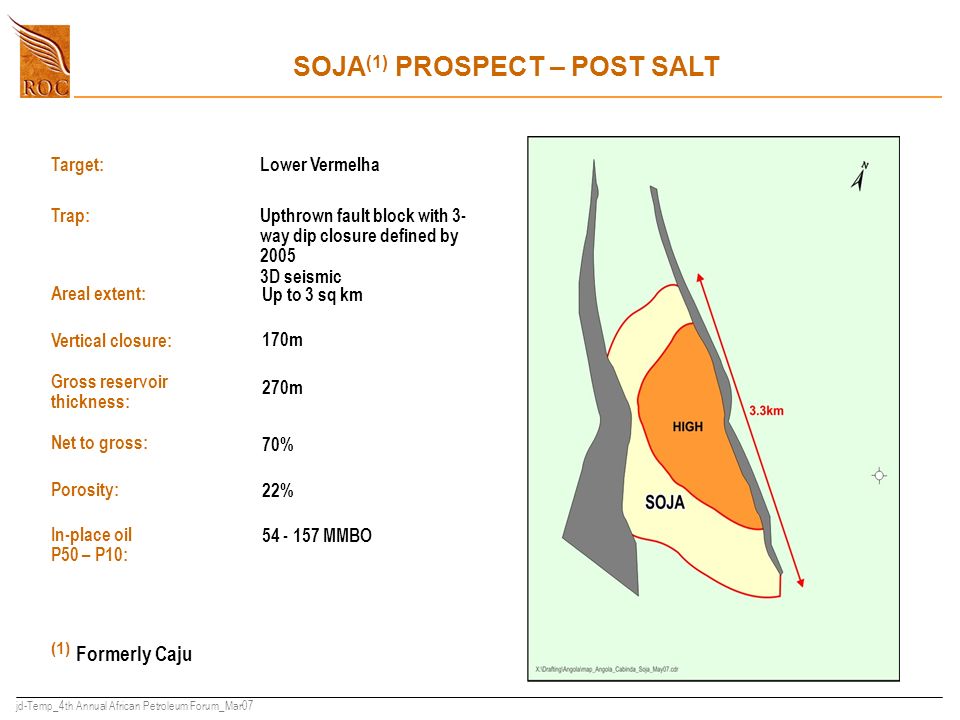 jd-Temp_4th Annual African Petroleum Forum_Mar07 Up to 3 sq km Areal extent: SOJA (1) PROSPECT – POST SALT Upthrown fault block with 3- way dip closure defined by D seismic 170m Vertical closure: 270m Gross reservoir thickness: Trap: 70% Net to gross: 22% Porosity: MMBO In-place oil P50 – P10: Lower Vermelha Target: (1) Formerly Caju
