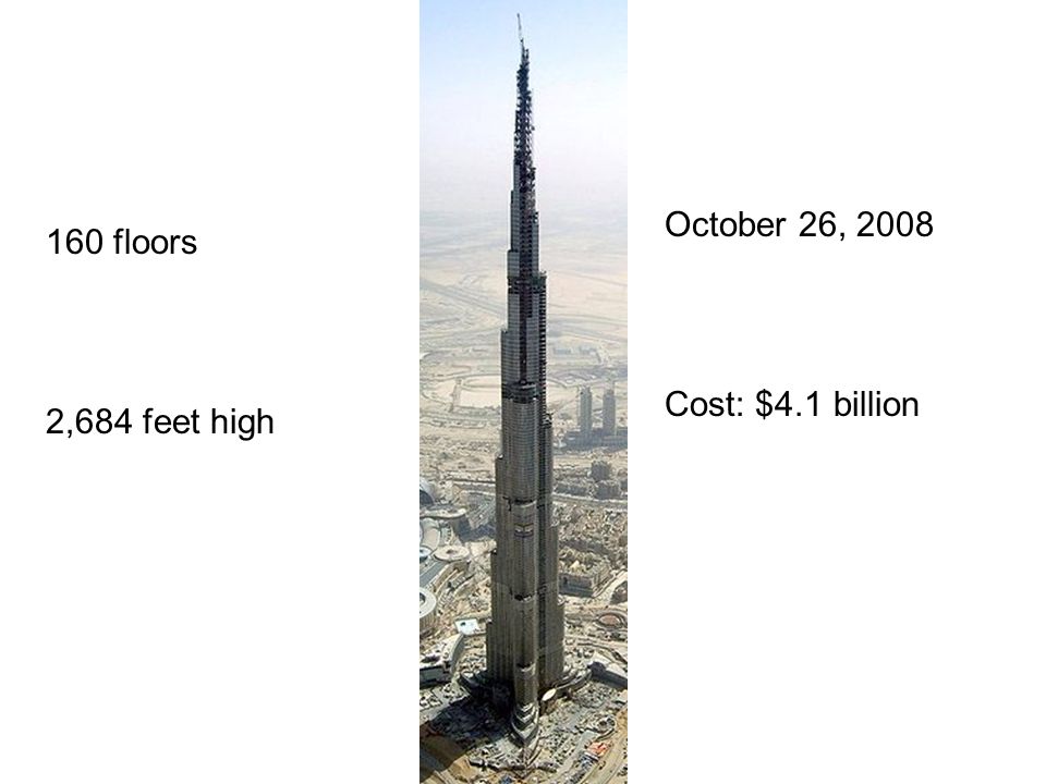October 2007 October 26, 2008 Cost: $4.1 billion 160 floors 2,684 feet high