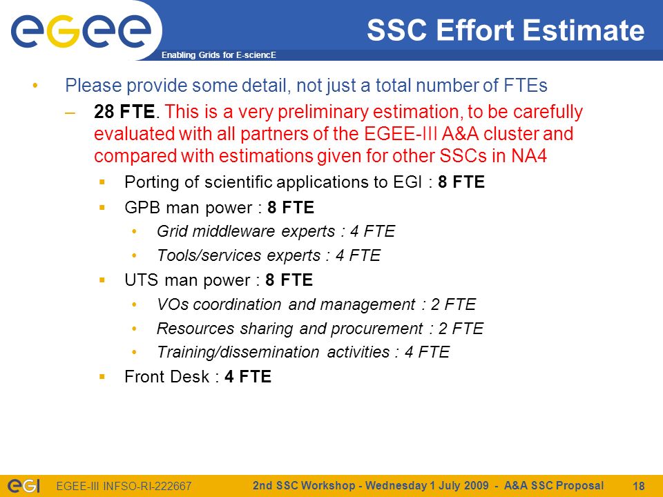 Enabling Grids for E-sciencE EGEE-III INFSO-RI nd SSC Workshop - Wednesday 1 July A&A SSC Proposal 18 SSC Effort Estimate Please provide some detail, not just a total number of FTEs –28 FTE.