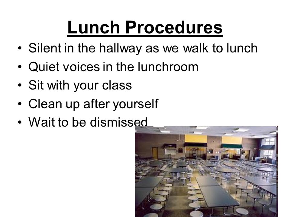 Lunch Procedures Silent in the hallway as we walk to lunch Quiet voices in the lunchroom Sit with your class Clean up after yourself Wait to be dismissed
