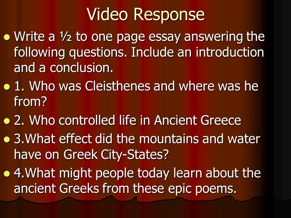 Examples Thesis Statements Essays Video Response Write A To One Page Essay Answering The Following Questions High School Essay Samples also English Essay Structure Video Response Write A To One Page Essay Answering The Following English Debate Essay