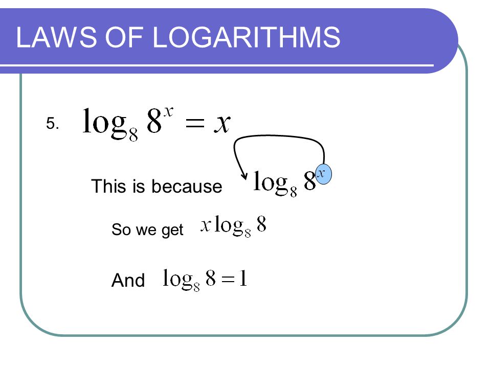 LAWS OF LOGARITHMS 5. This is because And So we get