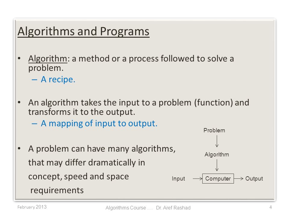 Algorithms and Programs Algorithm: a method or a process followed to solve a problem.
