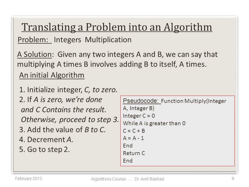 1. Initialize integer, C, to zero. 2. If A is zero, we’re done and C Contains the result.