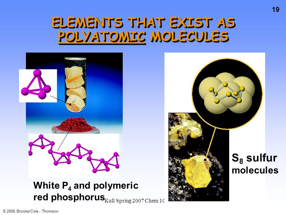 18 © 2006 Brooks/Cole - Thomson Kull Spring 2007 Chem 105 Lsn 4 ELEMENTS THAT EXIST AS DIATOMIC MOLECULES