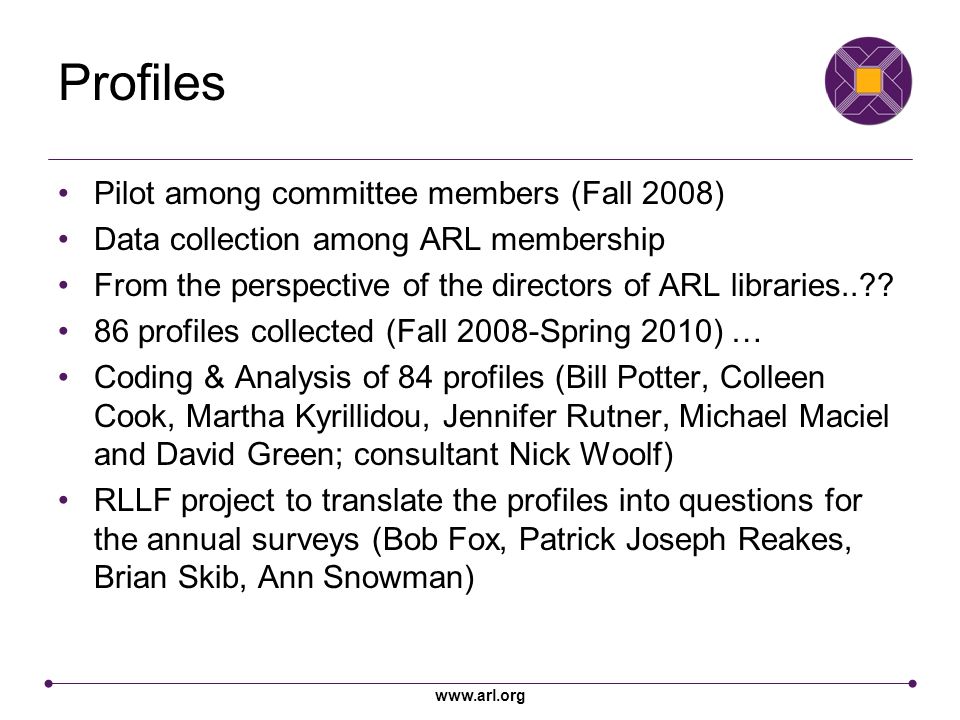 Profiles Pilot among committee members (Fall 2008) Data collection among ARL membership From the perspective of the directors of ARL libraries.. .
