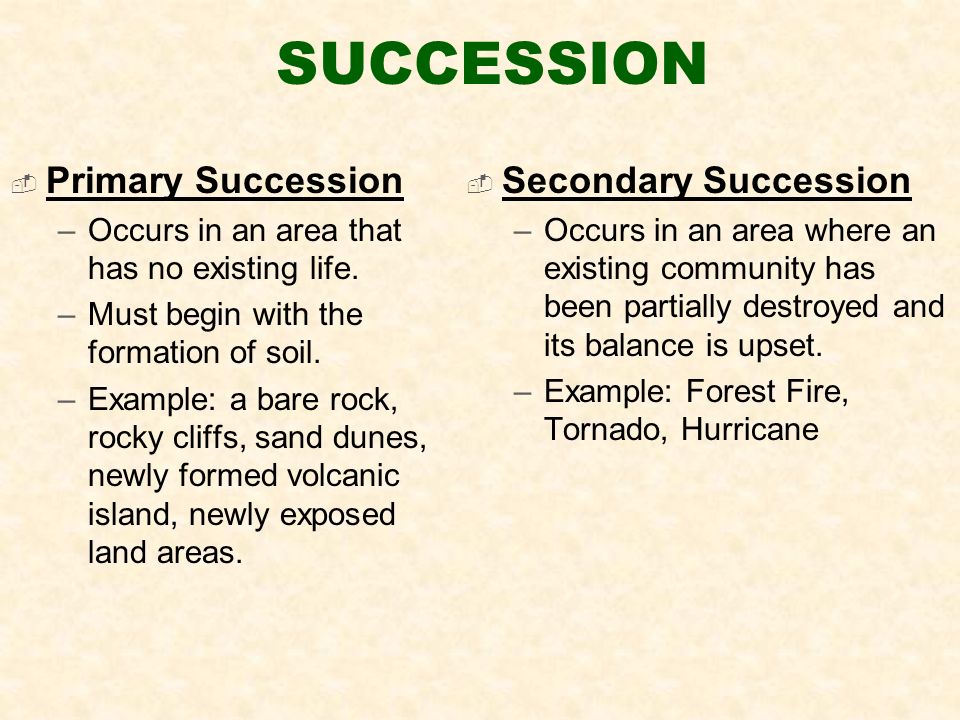 SUCCESSION  Primary Succession –Occurs in an area that has no existing life.
