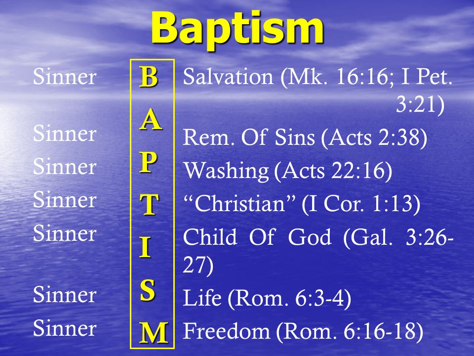 Baptism BAPTISM Sinner Salvation (Mk. 16:16; I Pet.
