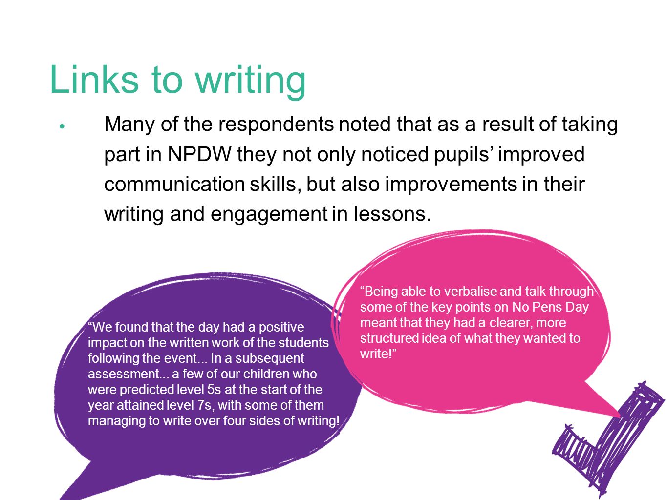 Links to writing Many of the respondents noted that as a result of taking part in NPDW they not only noticed pupils’ improved communication skills, but also improvements in their writing and engagement in lessons.