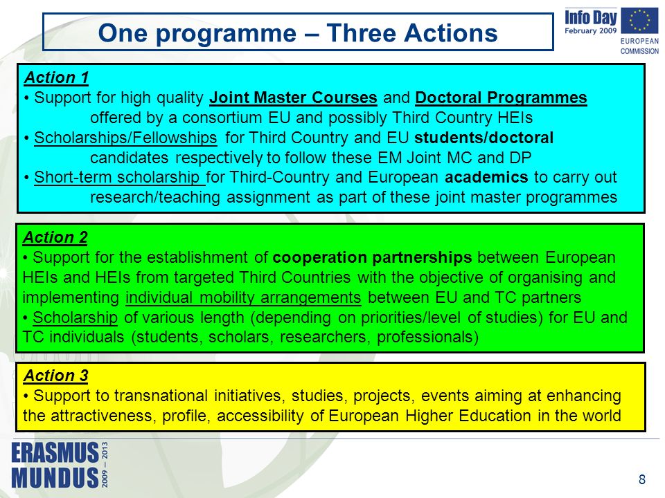 8 One programme – Three Actions Action 1 Support for high quality Joint Master Courses and Doctoral Programmes offered by a consortium EU and possibly Third Country HEIs Scholarships/Fellowships for Third Country and EU students/doctoral candidates respectively to follow these EM Joint MC and DP Short-term scholarship for Third-Country and European academics to carry out research/teaching assignment as part of these joint master programmes Action 3 Support to transnational initiatives, studies, projects, events aiming at enhancing the attractiveness, profile, accessibility of European Higher Education in the world Action 2 Support for the establishment of cooperation partnerships between European HEIs and HEIs from targeted Third Countries with the objective of organising and implementing individual mobility arrangements between EU and TC partners Scholarship of various length (depending on priorities/level of studies) for EU and TC individuals (students, scholars, researchers, professionals)