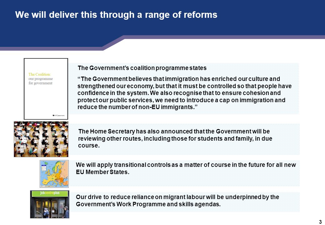 RESTRICTED – POLICY FOR DISCUSSION 3 ` We will deliver this through a range of reforms The Government’s coalition programme states The Government believes that immigration has enriched our culture and strengthened our economy, but that it must be controlled so that people have confidence in the system.