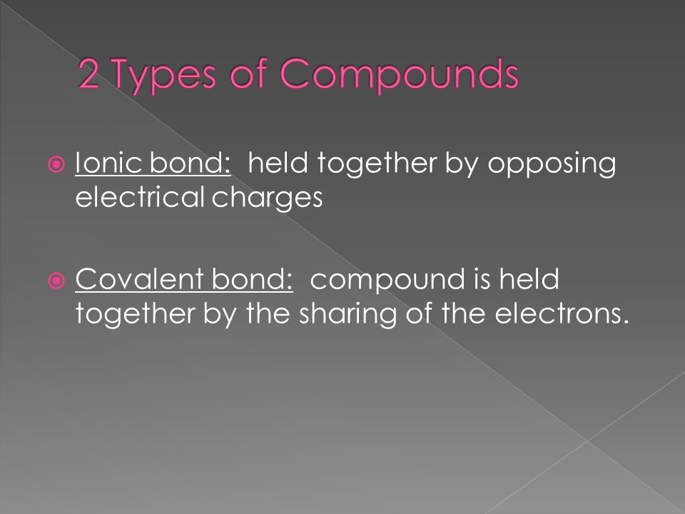  Ionic bond: held together by opposing electrical charges  Covalent bond: compound is held together by the sharing of the electrons.