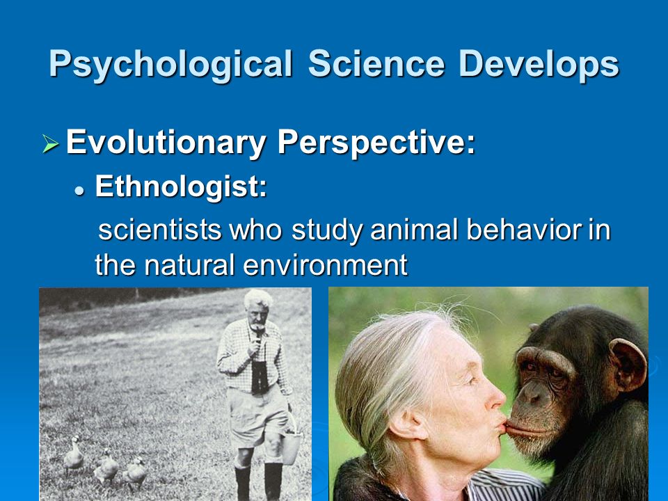 Psychological Science Develops  Evolutionary Perspective: Ethnologist: Ethnologist: scientists who study animal behavior in the natural environment scientists who study animal behavior in the natural environment
