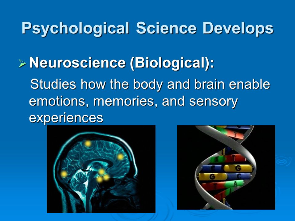 Psychological Science Develops  Neuroscience (Biological): Studies how the body and brain enable emotions, memories, and sensory experiences Studies how the body and brain enable emotions, memories, and sensory experiences