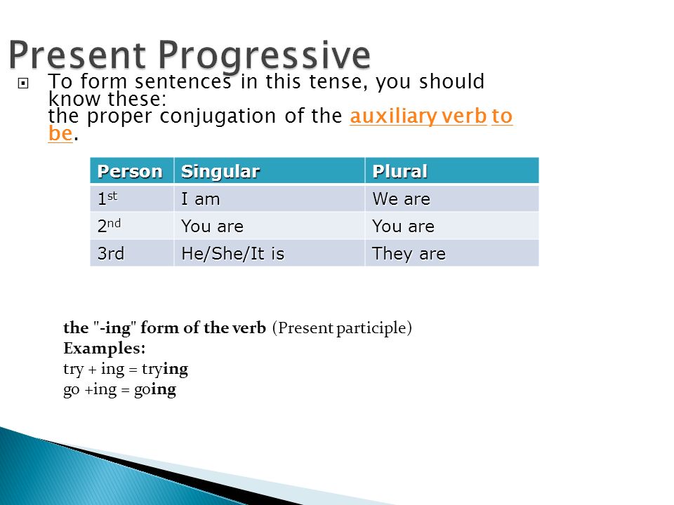 Present Progressive  To form sentences in this tense, you should know these: the proper conjugation of the auxiliary verb to be.auxiliary verbto be PersonSingularPlural 1 st I am We are 2 nd You are 3rd He/She/It is They are the -ing form of the verb (Present participle) Examples: try + ing = trying go +ing = going