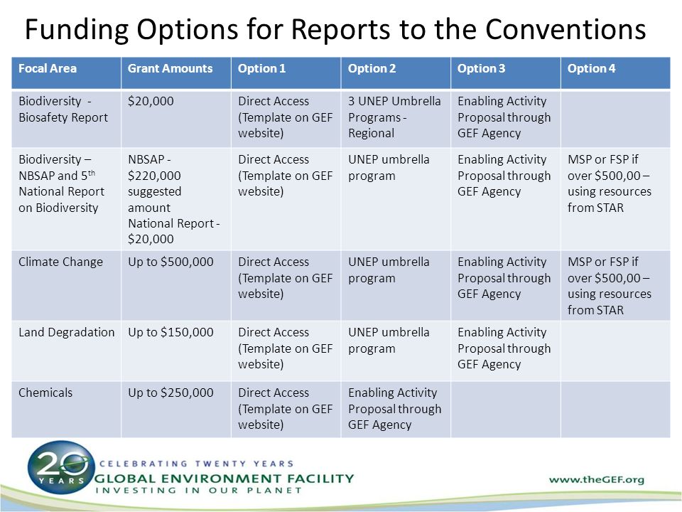 Funding Options for Reports to the Conventions Focal AreaGrant AmountsOption 1Option 2Option 3Option 4 Biodiversity - Biosafety Report $20,000Direct Access (Template on GEF website) 3 UNEP Umbrella Programs - Regional Enabling Activity Proposal through GEF Agency Biodiversity – NBSAP and 5 th National Report on Biodiversity NBSAP - $220,000 suggested amount National Report - $20,000 Direct Access (Template on GEF website) UNEP umbrella program Enabling Activity Proposal through GEF Agency MSP or FSP if over $500,00 – using resources from STAR Climate ChangeUp to $500,000Direct Access (Template on GEF website) UNEP umbrella program Enabling Activity Proposal through GEF Agency MSP or FSP if over $500,00 – using resources from STAR Land DegradationUp to $150,000Direct Access (Template on GEF website) UNEP umbrella program Enabling Activity Proposal through GEF Agency ChemicalsUp to $250,000Direct Access (Template on GEF website) Enabling Activity Proposal through GEF Agency