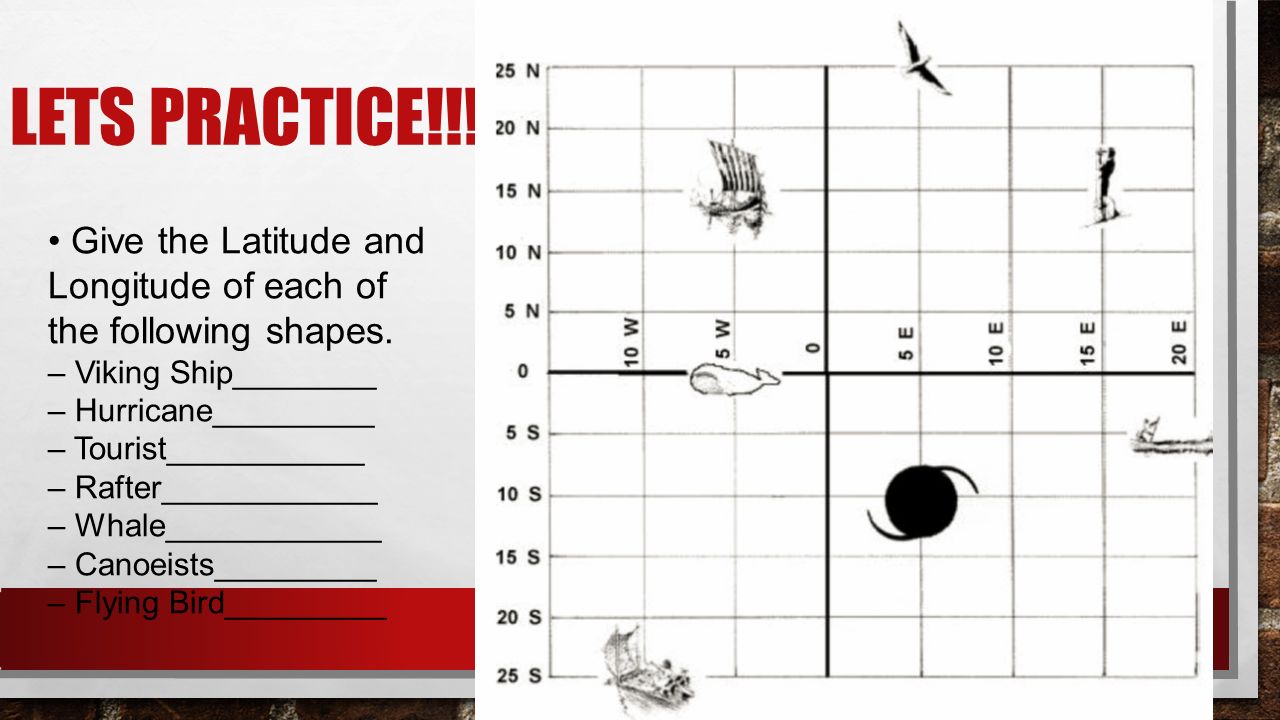 LETS PRACTICE!!!!!. Give the Latitude and Longitude of each of the following shapes.