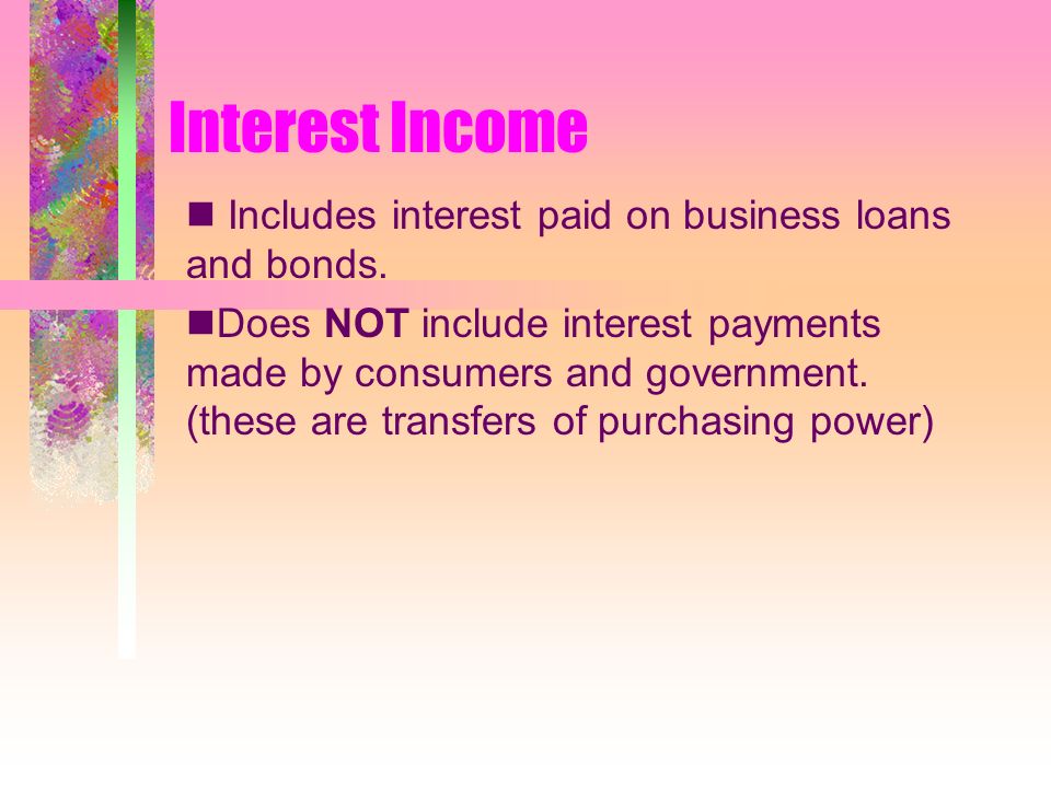 Interest Income Includes interest paid on business loans and bonds.