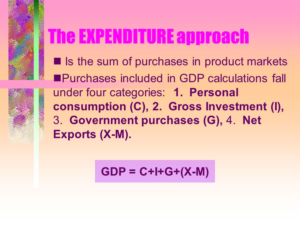 The EXPENDITURE approach Is the sum of purchases in product markets Purchases included in GDP calculations fall under four categories: 1.