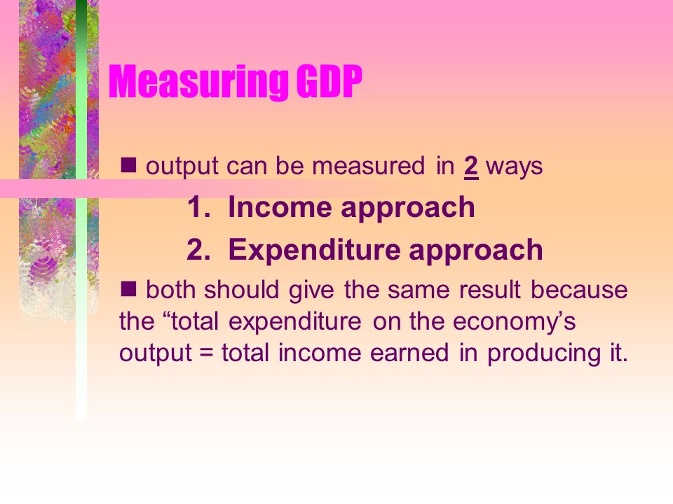 Measuring GDP output can be measured in 2 ways 1. Income approach 2.