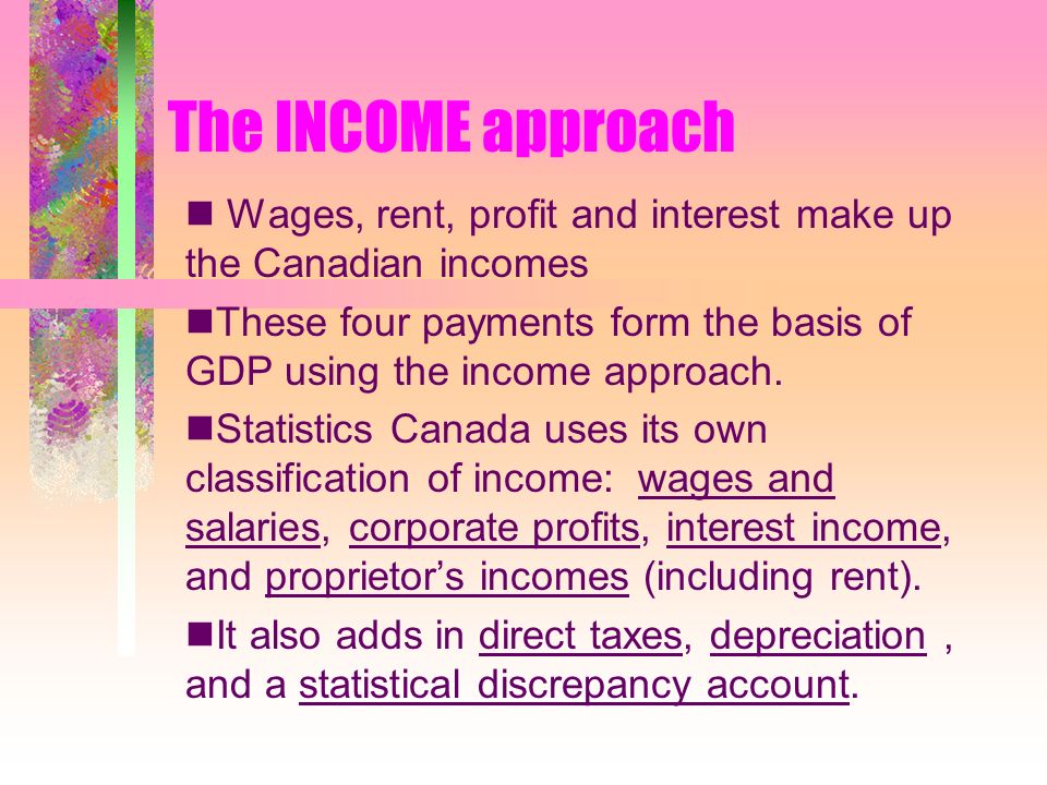 The INCOME approach Wages, rent, profit and interest make up the Canadian incomes These four payments form the basis of GDP using the income approach.