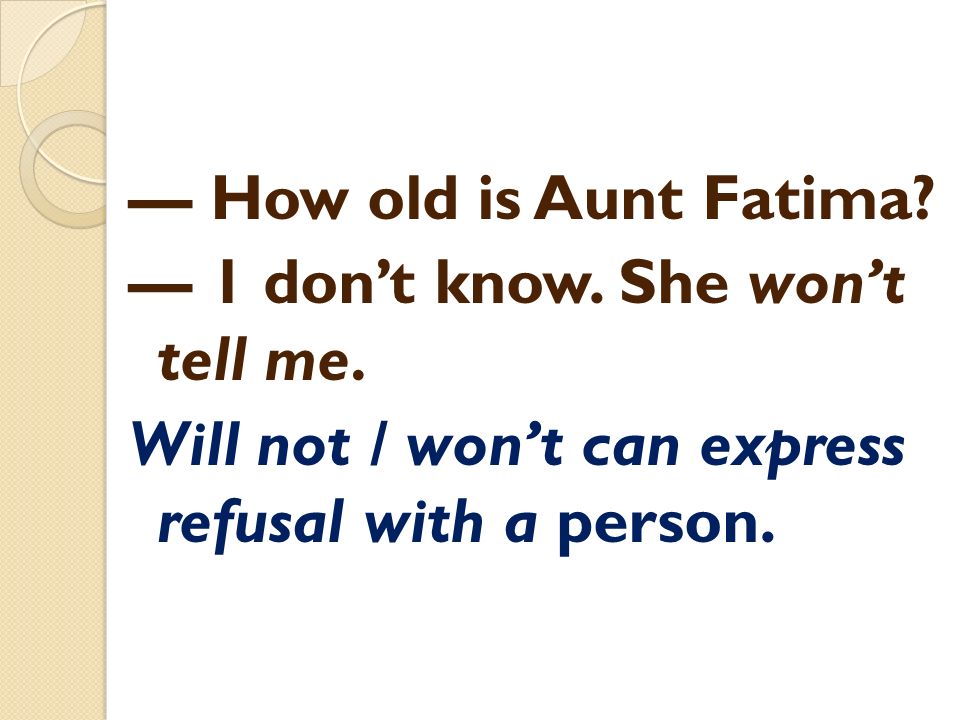 — How old is Aunt Fatima. — 1 don’t know. She won’t tell me.