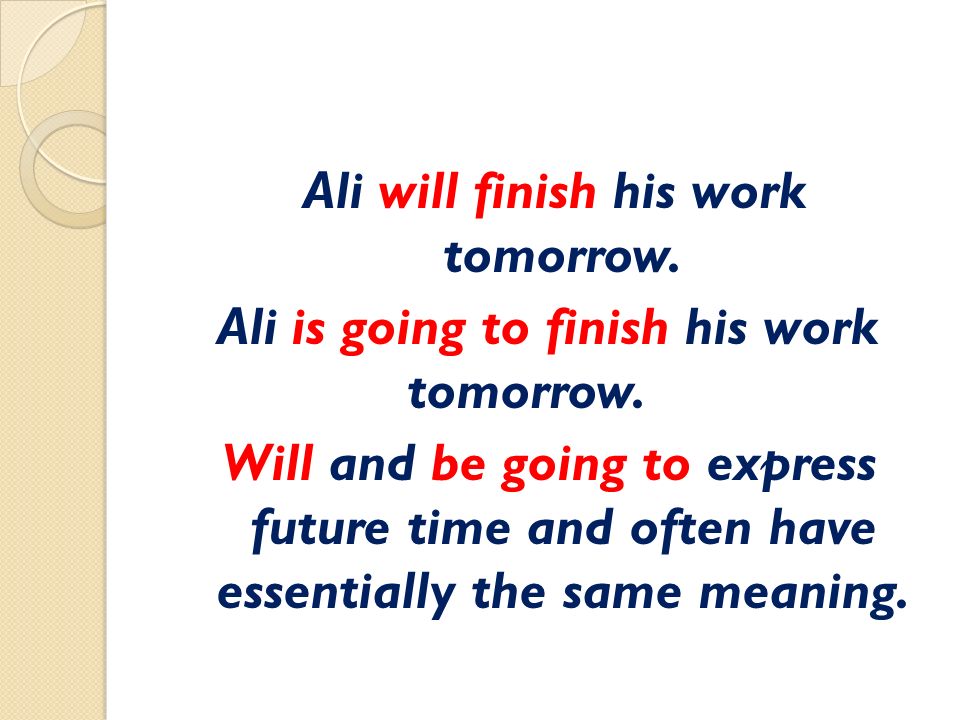 Ali will finish his work tomorrow. Ali is going to finish his work tomorrow.