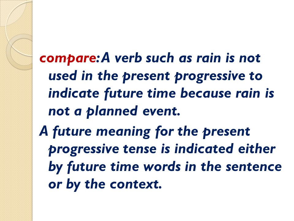 compare: A verb such as rain is not used in the present progressive to indicate future time because rain is not a planned event.