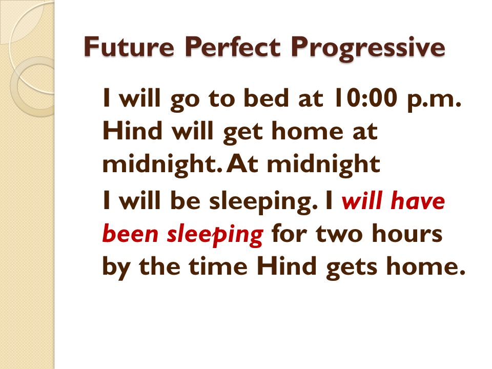 Future Perfect Progressive I will go to bed at 10:00 p.m.