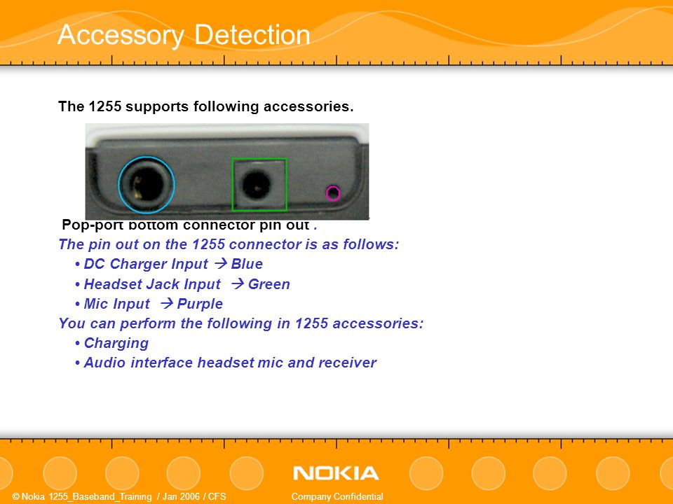 © Nokia 1255_Baseband_Training / Jan 2006 / CFSCompany Confidential The 1255 supports following accessories.
