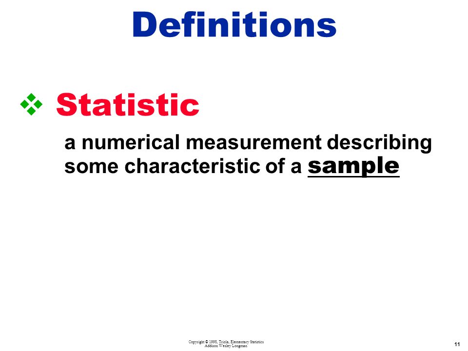 Copyright © 1998, Triola, Elementary Statistics Addison Wesley Longman 11 Definitions  Statistic a numerical measurement describing some characteristic of a sample