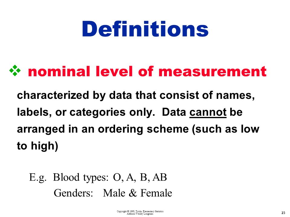 Copyright © 1998, Triola, Elementary Statistics Addison Wesley Longman 23  nominal level of measurement characterized by data that consist of names, labels, or categories only.