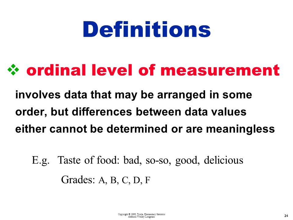 Copyright © 1998, Triola, Elementary Statistics Addison Wesley Longman 24  ordinal level of measurement involves data that may be arranged in some order, but differences between data values either cannot be determined or are meaningless Definitions E.g.