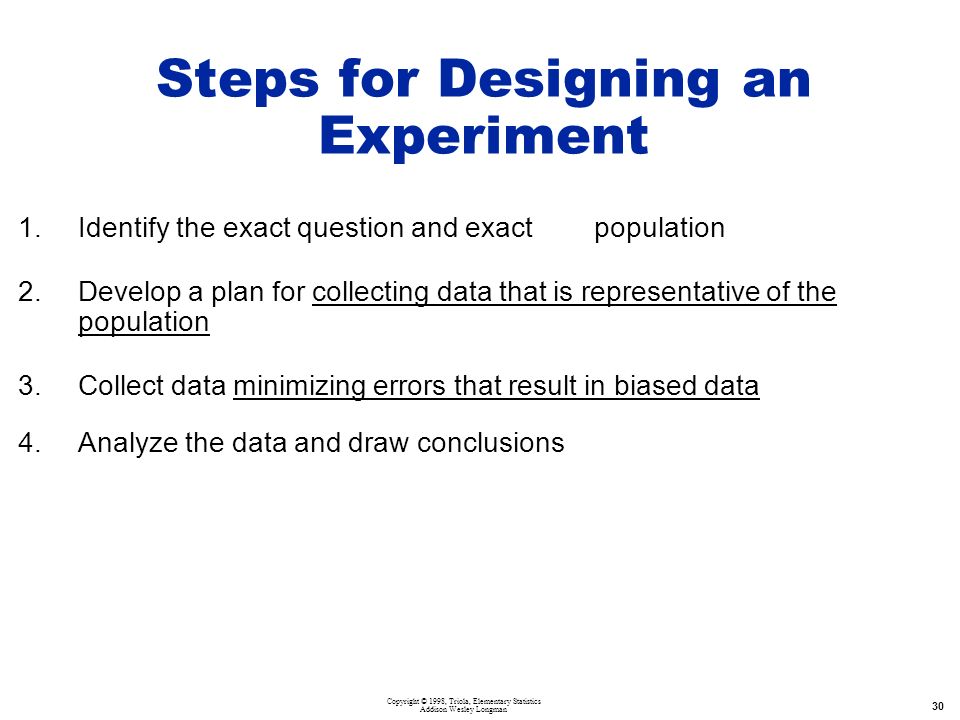 Copyright © 1998, Triola, Elementary Statistics Addison Wesley Longman 30 Steps for Designing an Experiment 1.