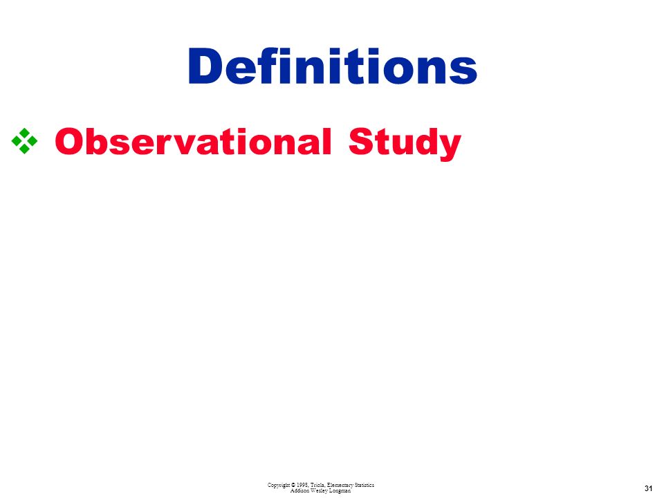 Copyright © 1998, Triola, Elementary Statistics Addison Wesley Longman 31   Observational Study Definitions
