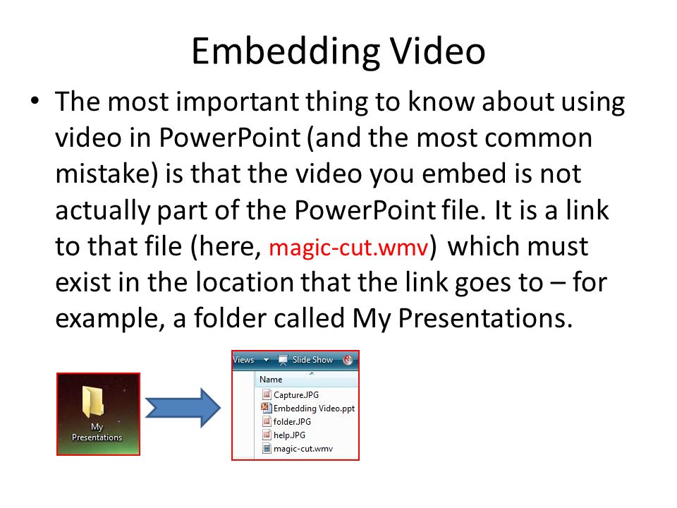 Embedding Video The most important thing to know about using video in PowerPoint (and the most common mistake) is that the video you embed is not actually part of the PowerPoint file.