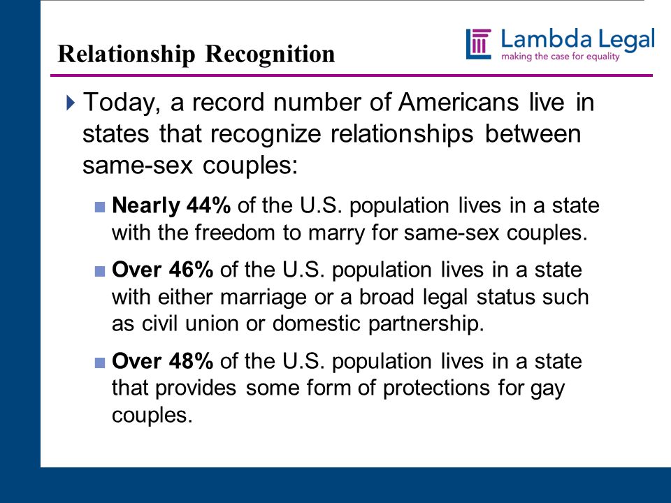 4 Relationship Recognition  Today, a record number of Americans live in states that recognize relationships between same-sex couples:  Nearly 44% of the U.S.